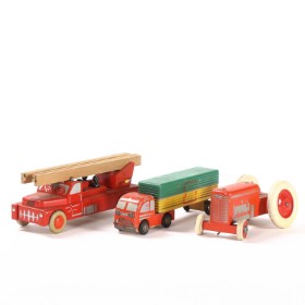 Lego. Fire truck, truck & tractor, partially painted wood. (3)