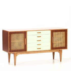 Unknown furniture manufacturer. Low sideboard L. 150 with colored drawers and French wicker