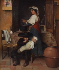 Carl Thomsen (1847-1912). Interiør fra italiensk køkken med mor og børn - 1878.