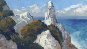 Johan Jacobsen (1883-1953): Parti fra Sommerspiret ved Møns Klint, olie på lærred