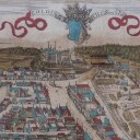 Prospectus of Kolding with Koldinghus. Original colored copper engraving.