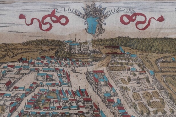 Prospectus of Kolding with Koldinghus. Original colored copper engraving.
