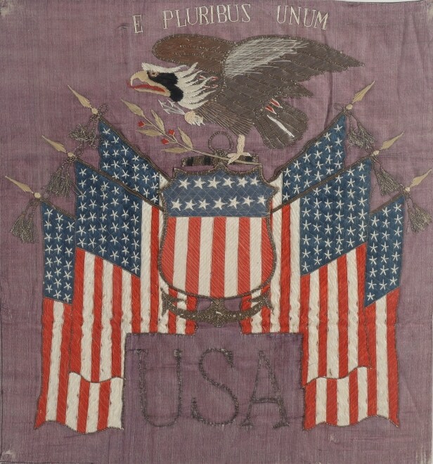 USA broderi med ørn og flag 'E Pluribus Unum'. 1800-tallet.