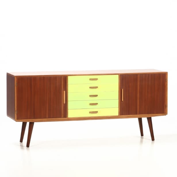 Unknown furniture manufacturer. Low sideboard L. 180 with colored drawers