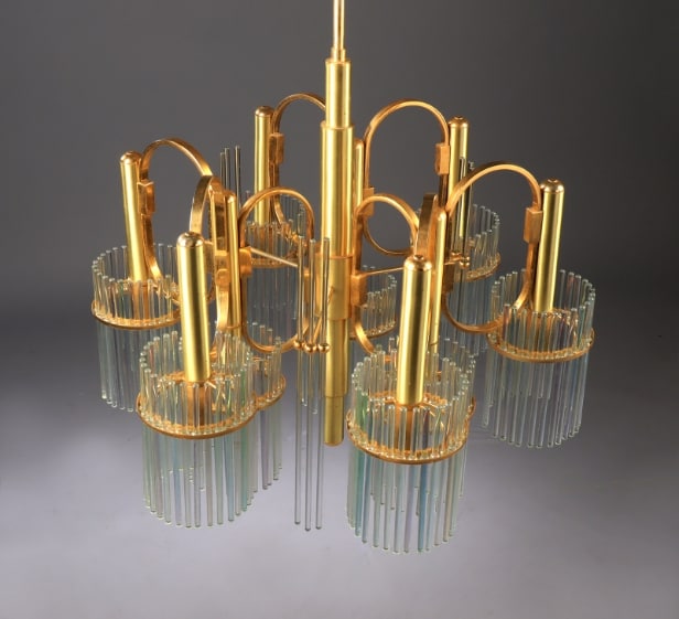 Gaetano Sciolari. Italian 9-arm chandelier from the 70s made of glass and brass