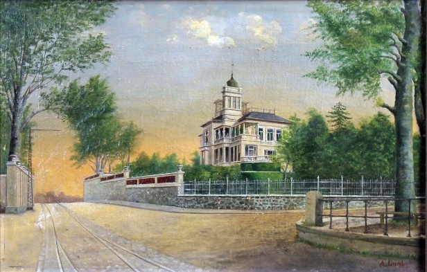 A. Lund. Hvidøre Slot, Strandvejen, Klampenborg, olie på lærred, ca. 1910/20erne