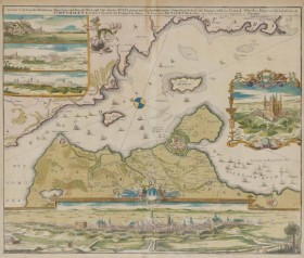 Johannes Baptist Homann: 'Accurate vorstellung der Berühmten Meer-enge zwichen der Nord und Ost See der SUND...', kort over Øresundskysten fra København til Helsingør, ca. 1720