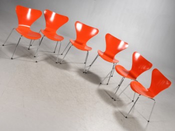 Arne Jacobsen. Syveren. Seks spisestole, orange (6)