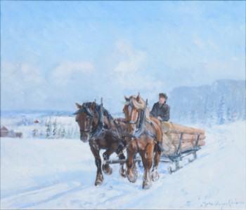 Johannes Meyer Andersen, vinterlandskab med hestetrukket vogn
