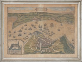 'Freti Danici or Sundt accuratiss Delineatio', håndkoloreret radering, prospekt over Helsingør og Helsingborg delt af Øresund, 1600-tallet