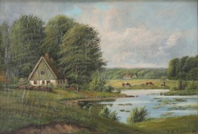 Unknown artist: Lot with lake, cows and houses - 1896