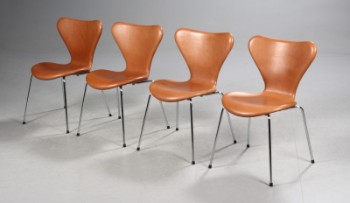 Arne Jacobsen. 7erne. Spisestole, model 3107, cognacfarvet anilin læder (4)