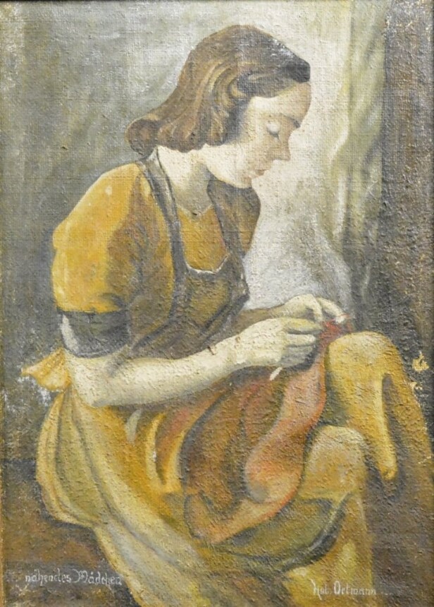 Ölgemälde, Hubert Ortmann, 'nähendes Mädchen'