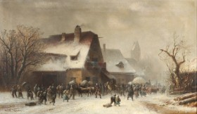 Anton Doll (1826-1887). Painting, winter party with people and houses. 53x90 cm.