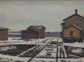 Ole Søndergaard (1876-1958): Winter party from Østbanen in Aarhus, oil on canvas (CD)