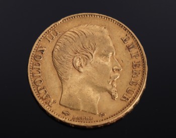 Frankrig. Napoleon III  20 francs GULD 1857, vægt ca. 6,5 gram