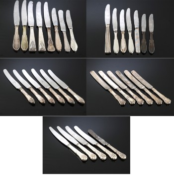 Danske sølvsmede. En samling middags- frokost- og dessertknive med skafter af sølv (32)