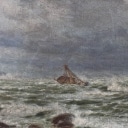 Andreas Riis Carstensen. Norwegian sloop in distress at the rocky coast. Oil on canvas