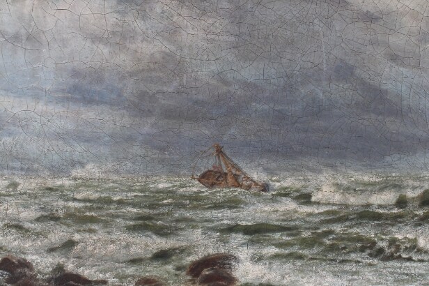 Andreas Riis Carstensen. Norwegian sloop in distress at the rocky coast. Oil on canvas