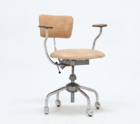 Office chair, steel with light leather on the seat and back, wooden armrests, mid-20th century Denmark