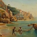 Ubekendt kunstner, olie på mahogniplade, sydlandsk kystparti