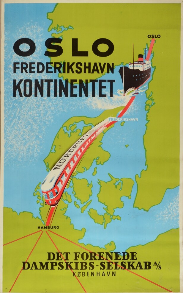 Vintage plakat for DFDS 'Oslo. Frederikshavn. Kontinentet', offset, medio 1900-tallet