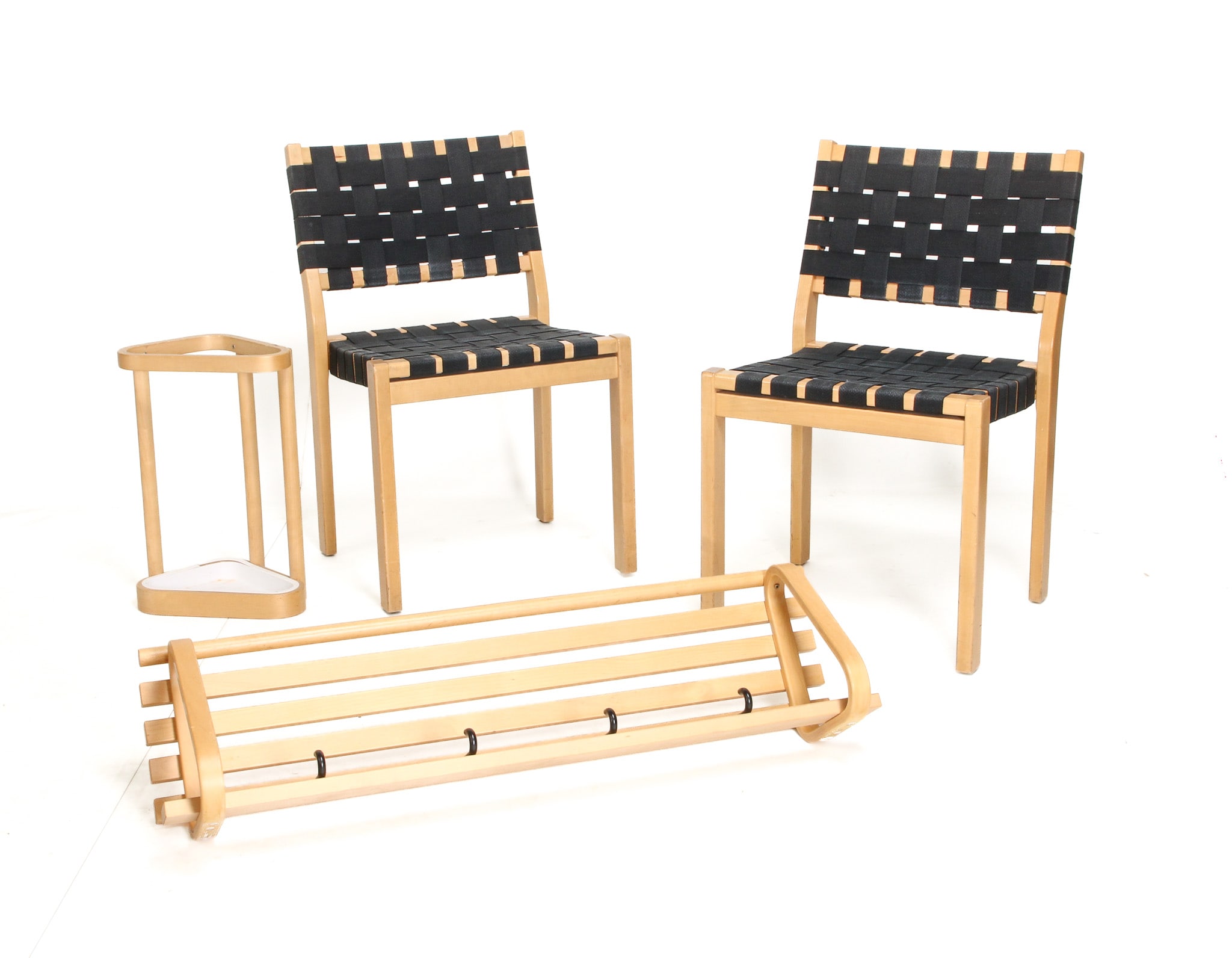 Alvar Aalto for Artek. Pair of chairs, hat rack and umbrella stand (4)
