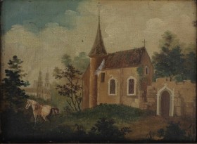 Ubekendt kunstner, central europa ca. 1850.: Kirke i landskab.