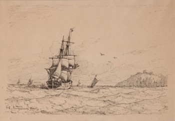 J.C. Neumann. Marine med sejlskibe ud for Hammershus på Bornholm, tegning