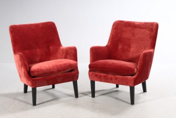 Arne Vodder. Par lænestole / loungestole, rødt velour (2)