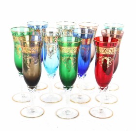 Set of 11 champagne glasses on twisted stems and with colored goblets, Murano 1960s