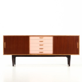 Unknown furniture manufacturer. Low sideboard L. 195 with colored drawers