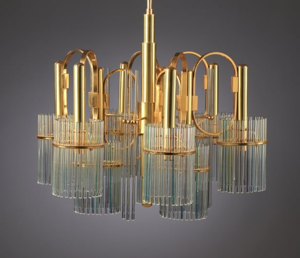 Gaetano Sciolari. Italian 9-arm chandelier from the 70s made of glass and brass
