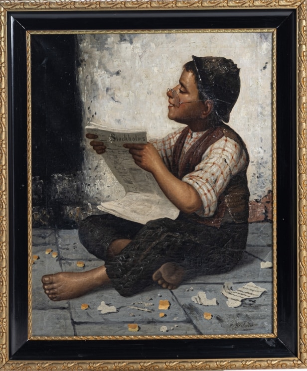Francois Xavier Bricard (1881-1935): Oil on canvas, boy reading newspaper
