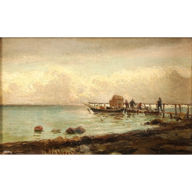 Holger Lübbers. Marine med fiskere på bådebro. Olie på plade