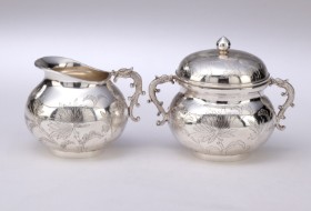 Chinese silversmith and F. Hingelberg. Sterling Silver Sugar and Cream Set with Dragon Handles (2)