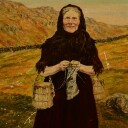 Christen Holm Isaksen. Olie på pap. Strikkende kvinde i Færøsk landskab. cd