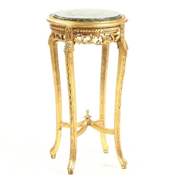 Small round table of gilded wood with a top of green-mottled marble
