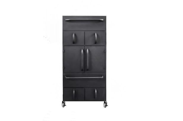 Chest of drawers in black lacquered metal.