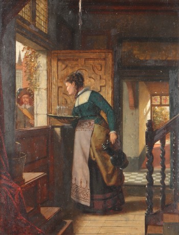 A. Heijmans, 1800-tallet. Hollandsk barokmotiv / Interiør med kvinde med bakke og kande