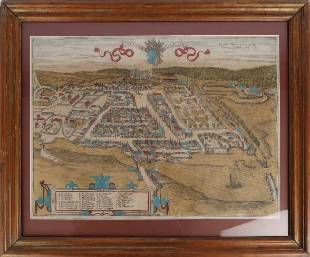 Prospectus of Kolding with Koldinghus. Original colored copper engraving.