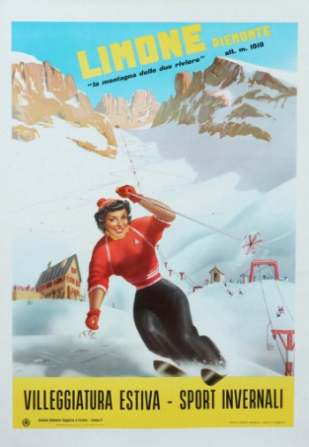 Carlo Prandoni. Original, italiensk turistplakat for skisport, Limone Piemonte, Villeggiatura estiva, Sport Invernali,