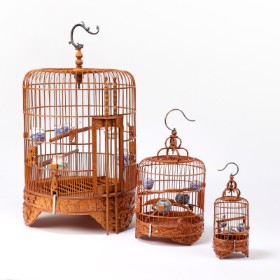 Three bamboo birdcages from the 50s with carvings (3)