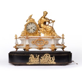 Phillipe H. Mourey. French Napoleon III mantel clock in gilt metal and alabaster on wooden stand with built-in chime (2)