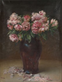 Peder Knudsen (1868-1944): Blomsteropstilling, bonderoser i vase. 1920