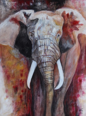 Anita Falbe Cleyton. Komposition med elefant. 60x80 cm.