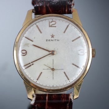 Vintage herrearmbåndsur fra Zenith, i urkasse af 18 kt. guld
