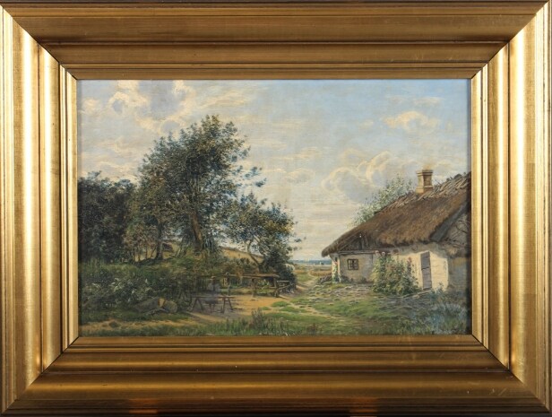 A. Thounfild, olie på lærred, 'Et bondehus fra Korsbækegnen'