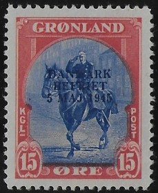 GRØNLAND. 1945. Danmark Befriet. 15 Øre. LILLE BLÅT OVERTRYK