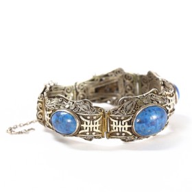 Erik Poul Fenster. Vintage articulated filigree bracelet w/ oval lapis lazuli in sterling silver.